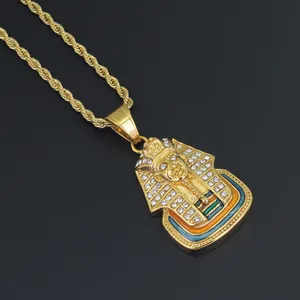 Golden Egyptian Pharaoh pendant necklace with sparkling rhinestones and rope chain