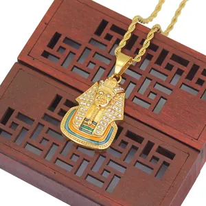 Hip hop Egyptian Pharaoh pendant necklace with gold twisted chain and iced-out crystals
