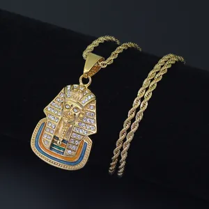Hip Hop Egyptian Pharaoh Mask Pendant Necklace Stainless Steel Rope Chain Iced Out Rhinestone Enamel Jewelry For Men Vintage Streetwear Gold Silver