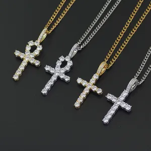 Hip Hop Ankh Cross Pendant Necklace Micro Pave Zircon Copper Gold Plated Stainless Steel Cuban Chain Religious Jewelry Men Gift