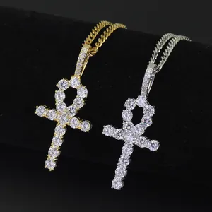 Hip hop Ankh cross pendant necklace in gold and silver finish with micro-pave cubic zirconia