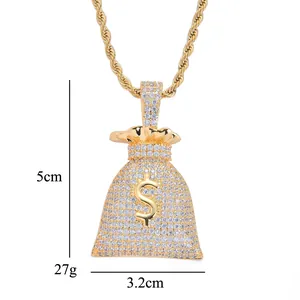 Pendentif sac d'argent hip hop avec signe dollar et zircon, taille 5cm x 3,2cm, poids 27g