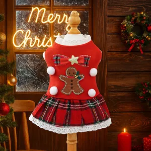 Christmas pet dress with gingerbread man design and red plaid skirt for small dogs and cats
