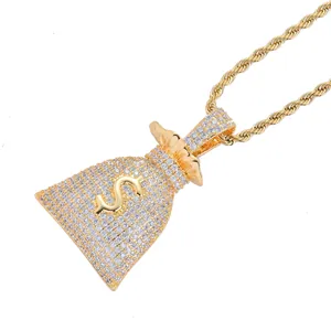 Collier Pendentif Hip Hop Sac d'Argent Signe Dollar Avec Pendentif en Cuivre Plaqué Or Micro-Incrusté de Zircone Et Chaîne Torsadée en Acier Inoxydable