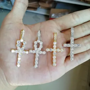 Micro-paved cubic zirconia Ankh and Latin cross pendants in gold and silver plating