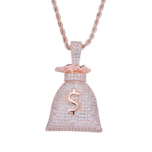 Collier hip hop en or rose avec pendentif sac d'argent signe dollar et zircons cubiques