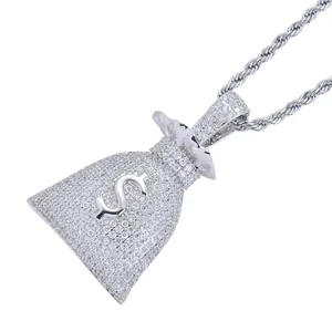 Pendentif sac d'argent hip-hop avec signe dollar, zircons et chaîne cordelette