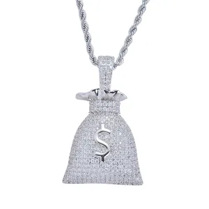 Collier hip hop avec pendentif sac d'argent et dollars serti de zircons étincelants