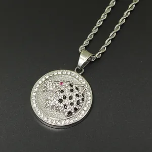 Hip hop leopard head pendant necklace with silver finish and sparkling crystal pavé