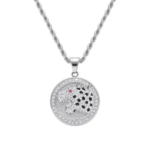 Hip hop leopard head pendant necklace with white and black crystals and pink eyes