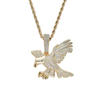 Collier Pendentif Aigle Hip Hop Iced Out Cuivre Plaqué Or Argent Micro Zirconia Chaîne Corde En Acier Inoxydable Bijoux Pour Hommes
