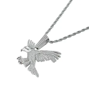 Collier hip hop pour homme avec pendentif aigle argenté serti de pierres sur chaîne corde