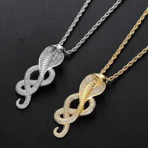 Hip Hop Ice Out Kobra Schlange Anhänger Halskette Für Herren Zirkonia Kupfer Echtgold Vergoldet Edelstahl Seilkette Schmuck