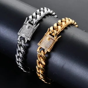 Bracciali Cuban link da 10mm oro e argento per uomo con chiusure in micro-pavé