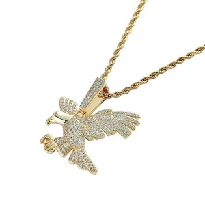 Collier hip hop homme pendentif aigle doré avec strass brillants et chaîne torsadée