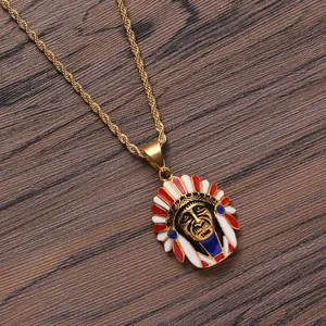 Vintage Egyptian tribal Indian chief pendant necklace with colorful enamel on gold twist chain