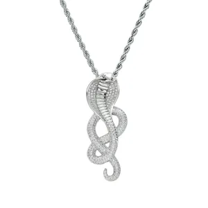 Hip-Hop Cobra Anhänger Halskette in Silber mit glänzenden Strasssteinen und Kordelkette