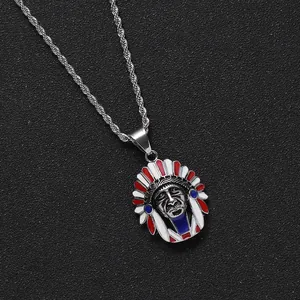 Vintage tribal necklace with colorful Native American chief pendant and twisted metal chain