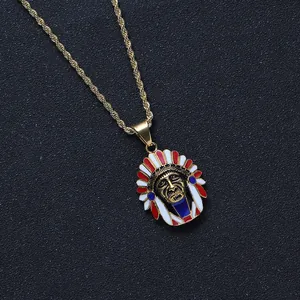 Vintage Hip Hop Stainless Steel Indian Chief Head Pendant Necklace With Colorful Enamel Feather Headdress Rope Chain