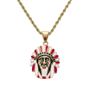 Hip hop style gold Indian chief pendant necklace with colorful enamel feather detail