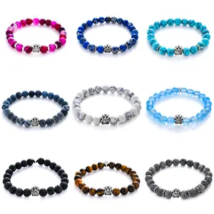 Natural Stone Beaded Bracelet With Vintage Alloy Paw Print Charm Elastic Healing Yoga Bracelet For Women Pet Lovers Jewelry Gift
