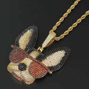 Collier Pendentif Chien Chihuahua Hip Hop Iced Out Avec Lunettes de Soleil Micro Zircone Bijoux en Cuivre Plaqué Or Pour Hommes Femmes