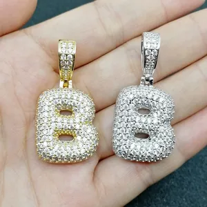 Pendente lettera B a bolla in oro e argento con micro-pavé di zirconi cubici