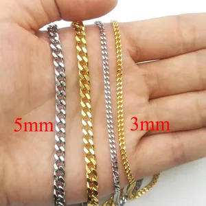 Chaînes Cuban Link de 5mm et 3mm en acier inoxydable doré et argenté style hip-hop
