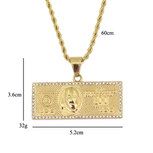 Detail showing dimensions of the gold dollar pendant necklace with crystal border