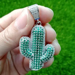 Hip Hop Gold Silber Überzogen Kupfer Zirkonia Kaktus Anhänger Halskette Mit Edelstahl Kordelkette Für Herren Schmuck Geschenk