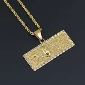 Hip hop gold dollar pendant necklace with iced-out crystals and twisted rope chain