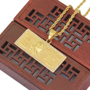 Golden 100 dollar bill pendant necklace with sparkling rhinestones on a twisted chain