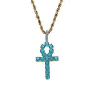 Hip hop gold rope chain featuring a blue zircon paved Ankh cross pendant for men