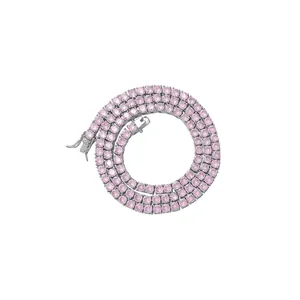 Close-up of a 4mm pink zircon tennis chain with double safety clasp on silver metal