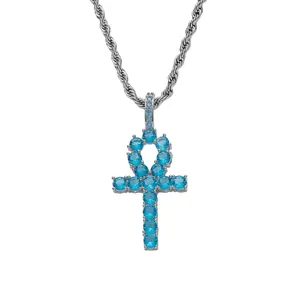 Hip hop silver chain necklace featuring ankh cross pendant with blue zircon stones