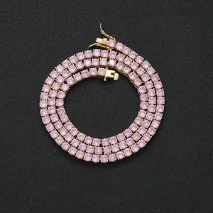 Detailed close-up of 4mm pink zircon tennis chain in rose gold plated copper setting