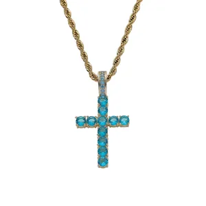 Hip hop gold rope chain with blue zircon cross pendant and micro paved bail details