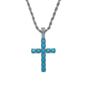 Hip Hop Iced Out Blue Zirconia Cross Ankh Pendant Necklace For Men Gold Silver Plated Copper Stainless Steel Rope Chain Jewelry