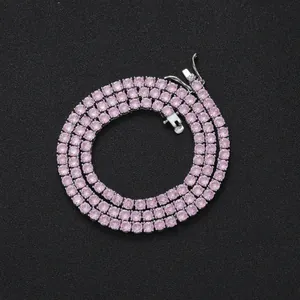 Pink Zirconia Tennis Chain Necklace Copper Rose Gold Silver Plated Round Cut Hip Hop Fashion Jewelry Party Accessories