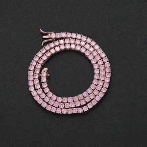 4mm pink zircon tennis chain in rose gold finish shown in a spiral layout on black background