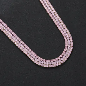 Three-layer pink zircon tennis chain in rose gold finish for hip hop fashion style