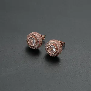 Hip Hop Round Zircon Stud Earrings Copper Gold Silver Rose Gold Plated Halo Design Unisex Iced Out Fashion Jewelry