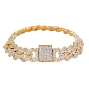Bracelet cubain 13mm doré serti de zircons avec fermoir à boîte pour style hip-hop