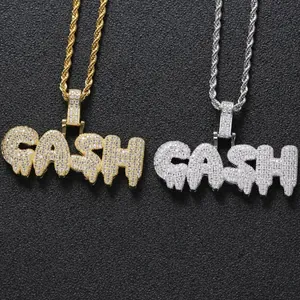 Hip Hop Iced Out CASH Γράμμα Μενταγιόν Κολιέ για Άνδρες Χρυσό Ασημί Επιμεταλλωμένο Χαλκός Μικρο Ζιργκόν Ανοξείδωτο Ατσάλι Αλυσίδα Σχοινί