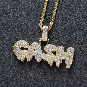 Hip Hop Gold CASH Anhänger Halskette mit Zirkonia-Besatz an einer gedrehten Seilkette