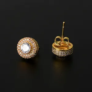 Golden round hip-hop stud earrings with full micro-paved cubic zirconia stones