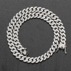 8mm silver Cuban link necklace with three central zircons and full pave setting