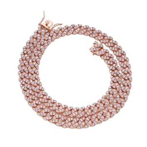8mm rose gold Cuban link necklace for women with three rows of pave-set cubic zirconia