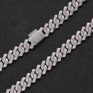 Collier Cuban link de 13 mm avec pierres de zircon roses et blanches et fermoir boîte
