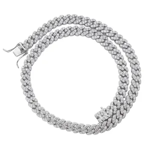 Detail of 8mm silver Cuban link necklace featuring three rows of pavé-set zircons